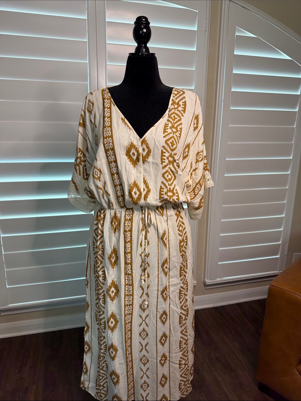 Mlle Gabrielle Cream Maxi Dress with Gold Geometric Print